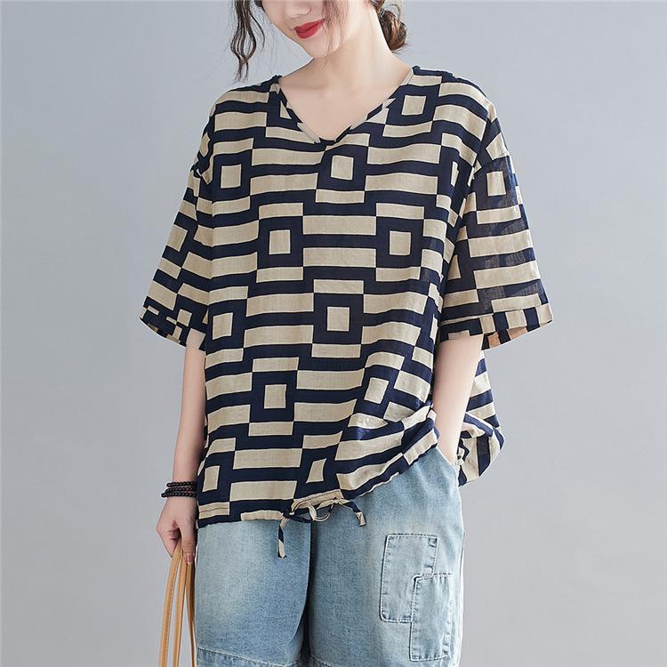Summer Printed Short-sleeved T-shirt V-neck Cotton and Linen Loose Large-size Women's Top T-shirt Cotton and Linen Shirt