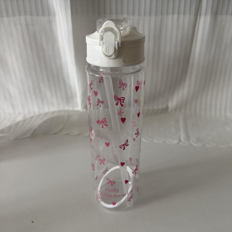 750Ml White Water Bottle Full Printed Cartoon Strawberry Bow Flower Fade Resistant Leakproof Reusable Stylish Cup For Sports