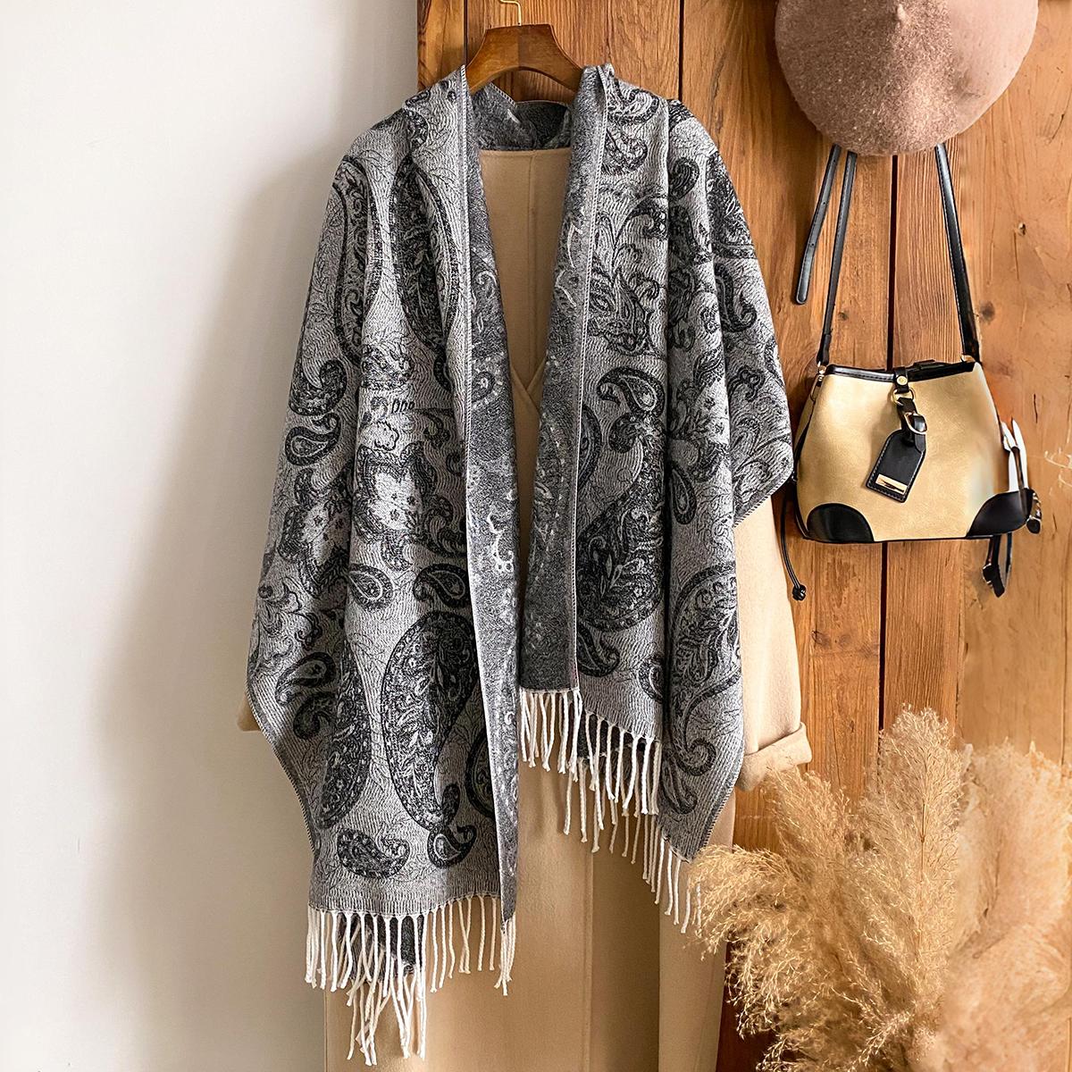 Mode Winter Warm Kasjmier Sjaal - Dames Met Kwastjes Vintage Bloemen Olieverf Afdruk Pashmina Dikke Sjaal & Poncho black