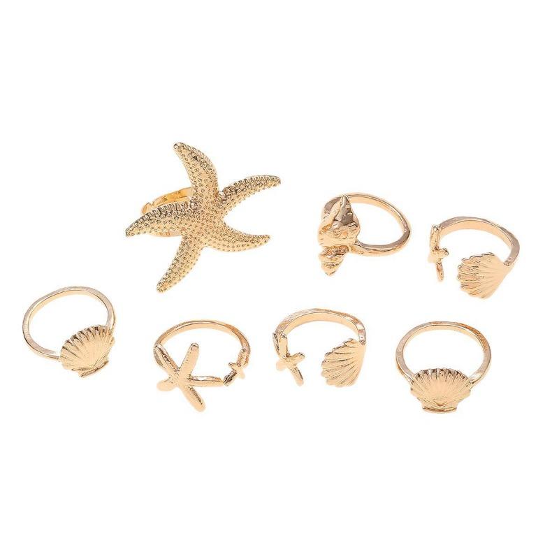 Ensemble de bagues, bijoux style océan, étoile de mer, bijoux articulation conque, bagues empilées irrégulières.