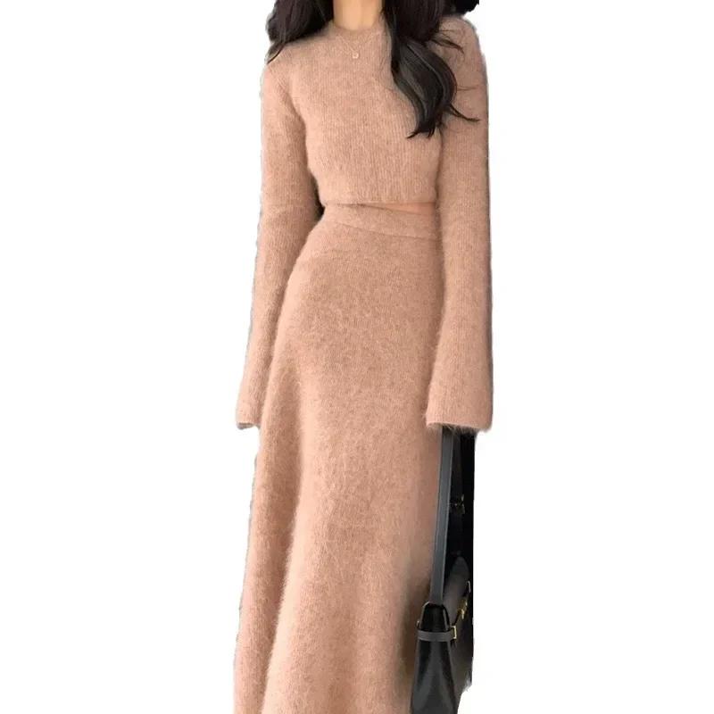 

Уличная одежда, комплекты платьев, женские комплекты из двух частей, осенние свободные топы с круглым вырезом и расклешенными рукавами из меха, толстые юбки средней длины, комплект в Корейском стиле One Size розовый