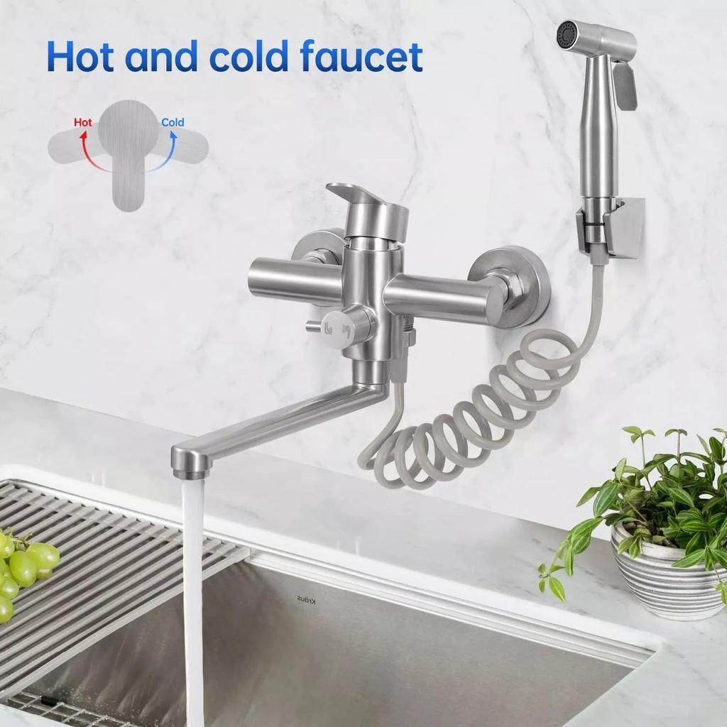 Grifo mezclador de pared para cocina, material de acero inoxidable 304 de grado alimentario, giratorio 360°