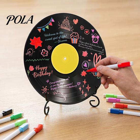 Personalized Vinyl Record Gift DIY Graffiti Clock Ornament, Reusable Blank Acrylic Retro Tabletop Decorative Display Wall Decor with Stand,