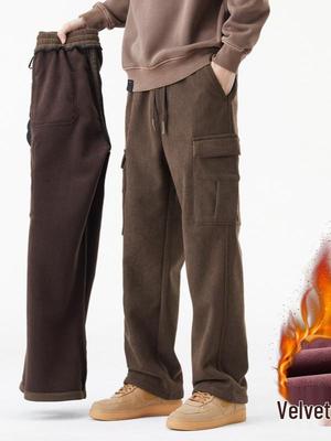 Heren Winter Corduroy Werkbroek: Met fleece gevoerd, Dik, Losvallend, Wijde pijpen, Recht, Casual.