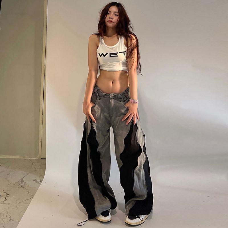 

H Home European and American Women s Clothing Hip Hop Girl Contrasting Color of Black and Red Zipper Loose Pants Function Stylish Hip Hop Denim Pants Grey S