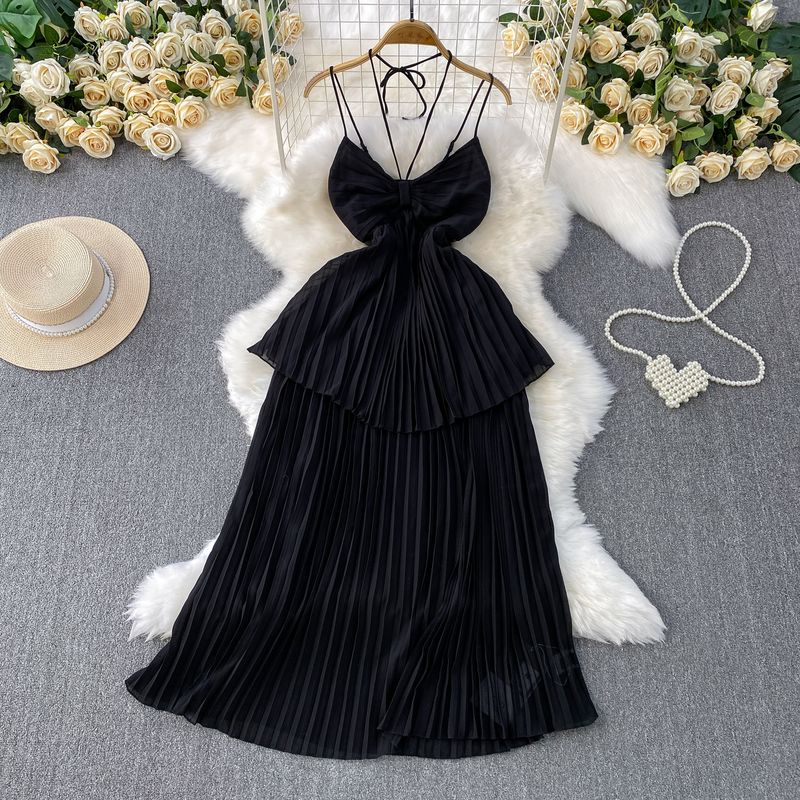 

Vacation Sexy Hollow-out Bow V-neck Hanging Neck Sling Dress Women Summer Waist Hugging Slimming Pleated Cake Skirt Black One size