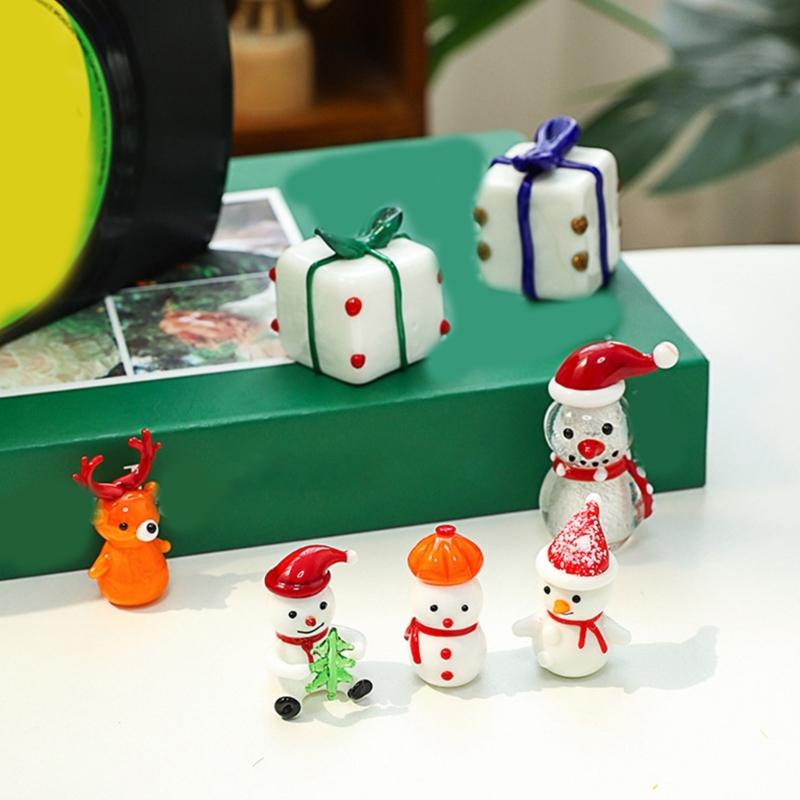 Miniature Snowman Reindeer Table Ornament Blown Glass Craft Christmas Figurine For Festives Season Decorating Accessory