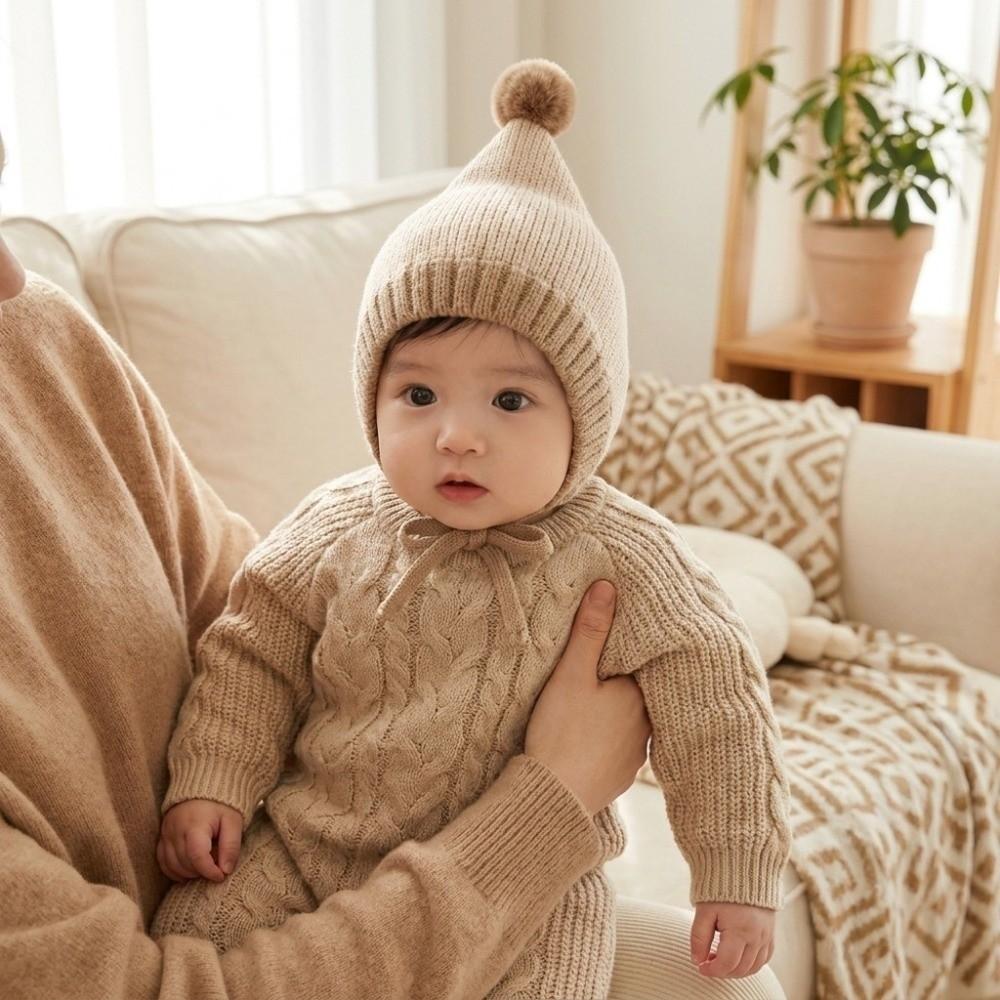 Cute Pompom Knitted Hat Thickened Toddler Beanie Durable Ear Flap Hat Outdoor Play
