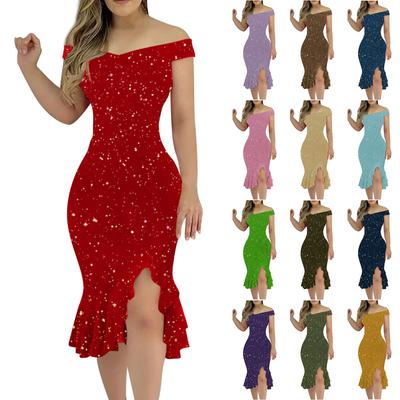 Damenmode Sexy Sommer Schulterfrei Kurzarm Pailletten Rüschen Unregelmäßige Kleider