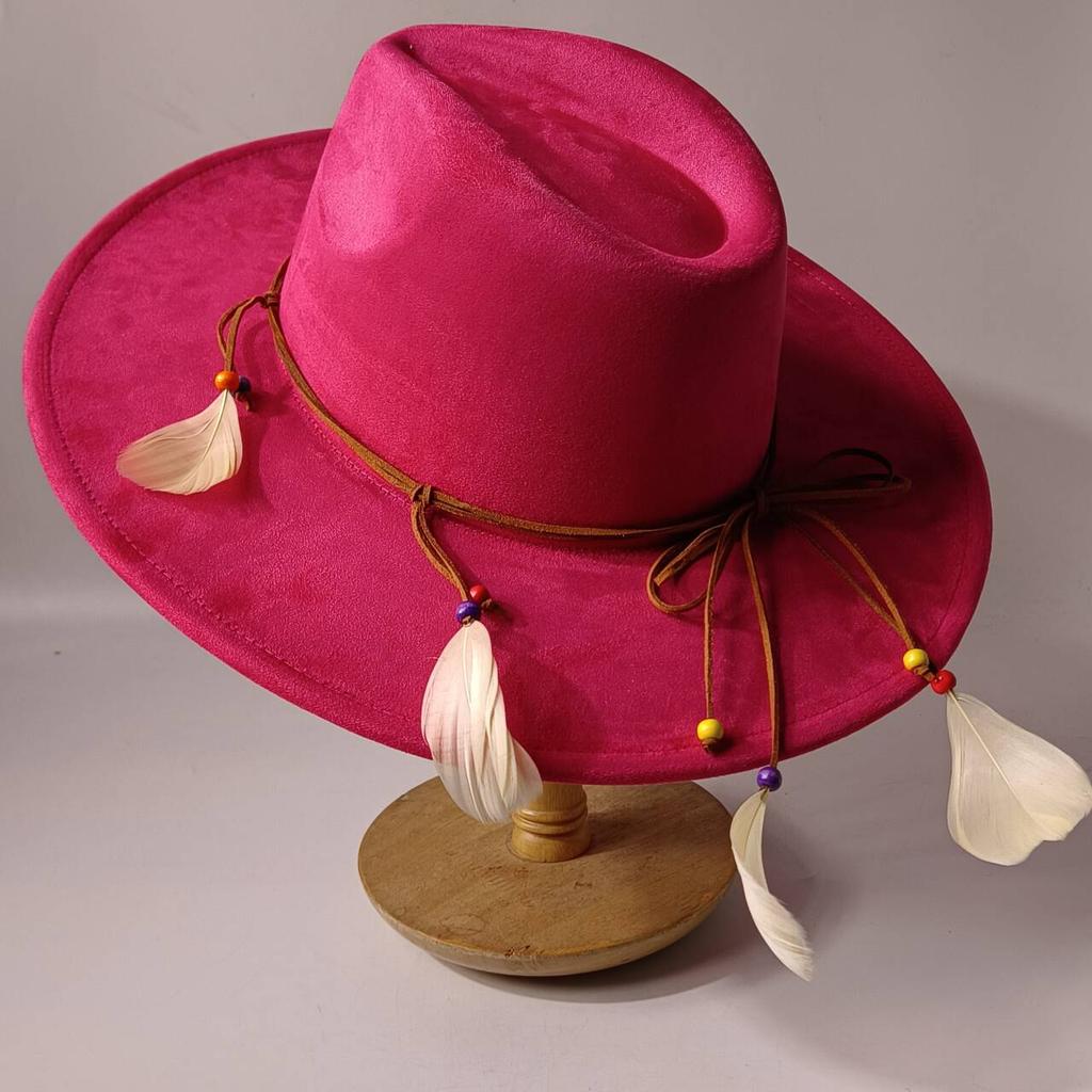 2026Bohemian style suede hat, brim 9.5 cm fedora with feather accessories, classic church hat, wide brim hat, women's hat