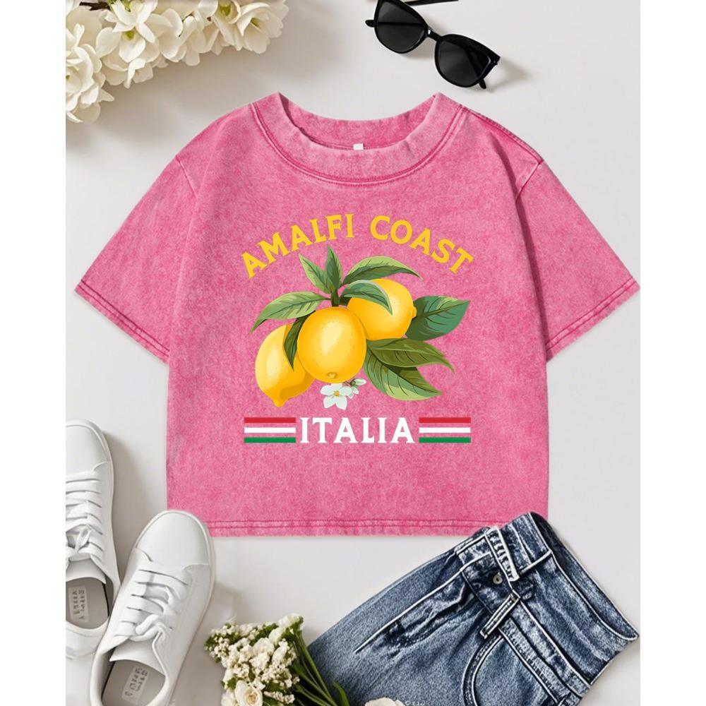 Amalfi Coast Lemon Fruit Italia Print Women Washed Crop T Shirts Slim Crewneck T-Shirt Y2K Casual Tops