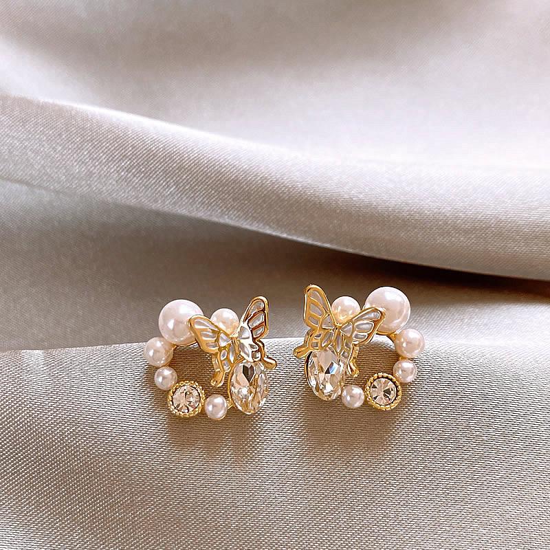Zircon pearl butterfly round earrings women's Korean light luxury high-end stud earrings simple fashion versatile earrings