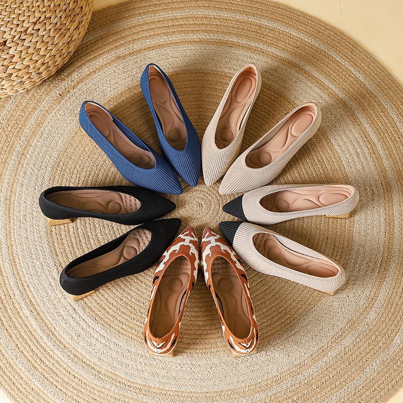 Flying Weaving Spring and Autumn New Wood Grain Thick Heel Pointed Single Shoes Breathable Casual Versatile Single Shoes