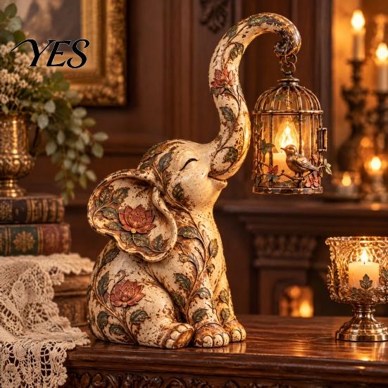 Indoor Atmosphere Lighting Vintage Elephant Lantern, Decorative Light, Resin Retro Table Lamp with Bird Cage Artistic Home Ornament Design for Decor,