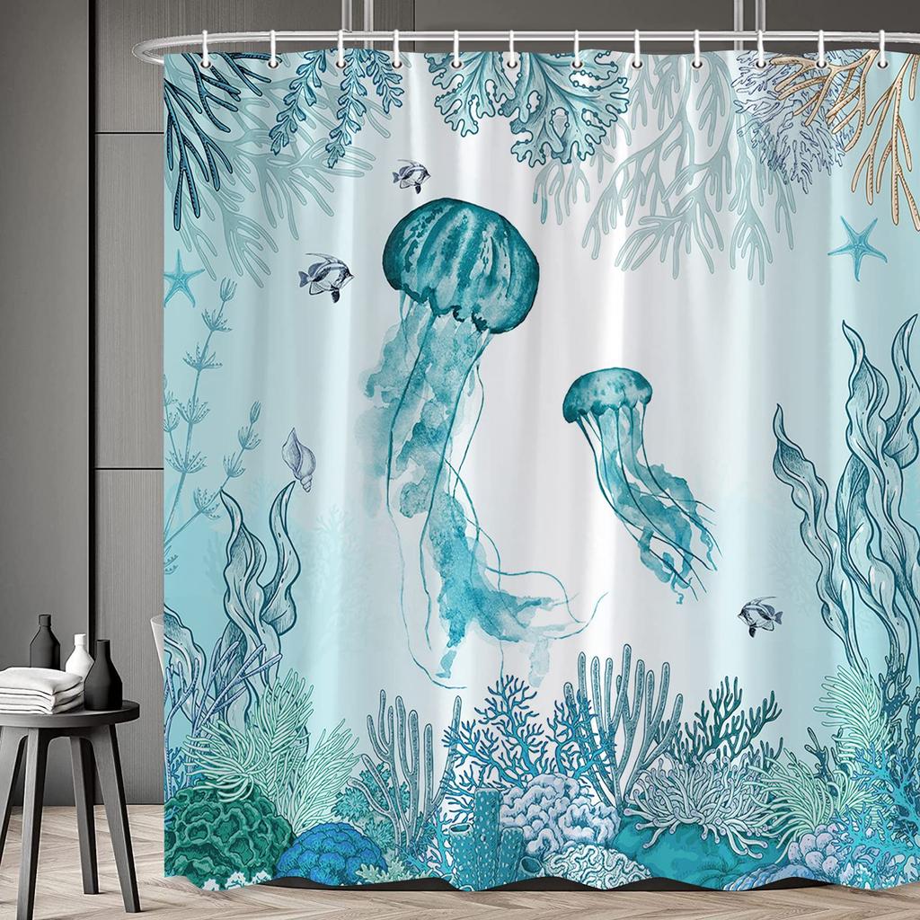 Nautical Coastal Shower Curtain,Beach Ocean Theme Shower Curtain for Bathroom Decor,Summer Tropical Coral Bath Curtain with Hook