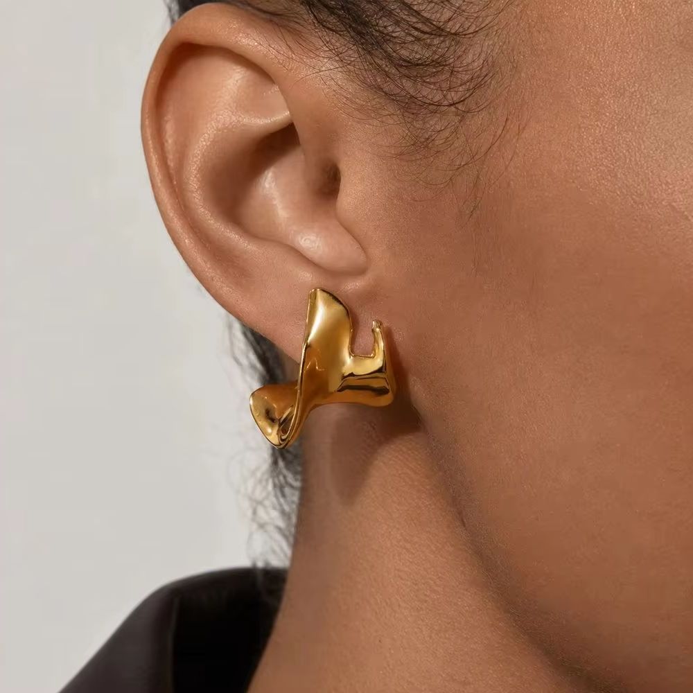 Polished Stainless Steel Twisted C Shaped Stud Earrings for Women Gold Plated Geometric Hoops Huggie Jewelry Rust Proof Gifts