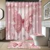 4PCS Luxury Diamond Butterfly Bathroom Set, Waterproof Shower Curtain with Non-slip Rugs, U-shaped Mat  Toilet Cover 12 Hooks