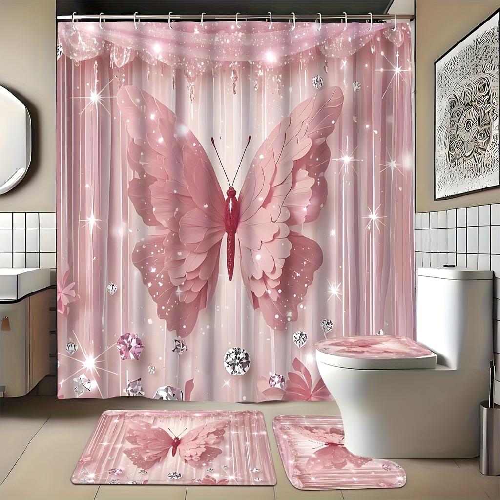 4PCS Luxury Diamond Butterfly Bathroom Set, Waterproof Shower Curtain with Non-slip Rugs, U-shaped Mat  Toilet Cover 12 Hooks