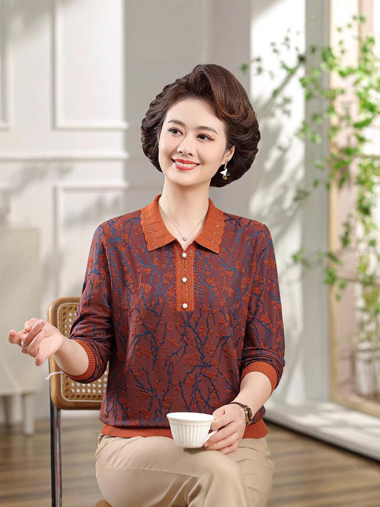 2026 Elegant Jacquard Lapel Long Sleeve T-shirt for Mothers - Spring/Autumn Fashion Pullover