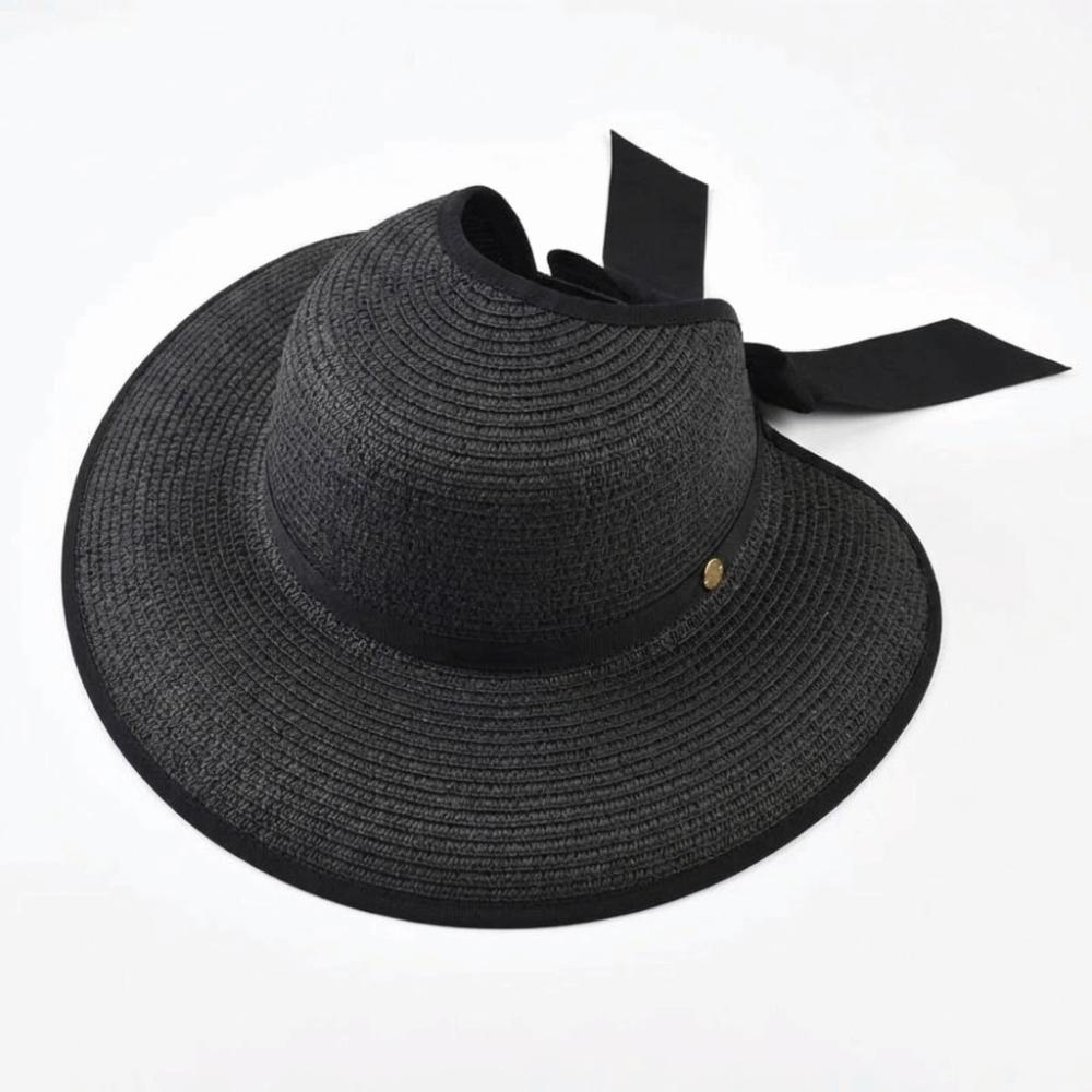 Large Brim Summer Straw Hat Bowknot Design Wide Brim Hat Elegant Empty Top Sun Hat for Women чёрный