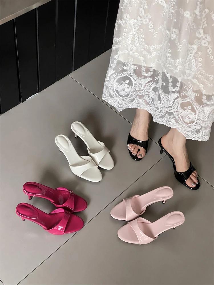 Eilyken Summer Patent Leather Open Toe Slippers Thin Low Heels Beach Prom Slide Prom Slide Shoes