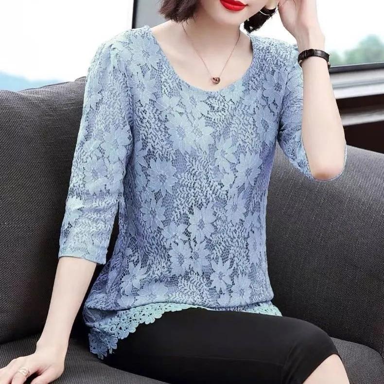 Lace Shirt Top Women's Three-quarter Sleeve Summer Hollow Large Size Mid Length Lace Blouse Solid Color Mesh Top