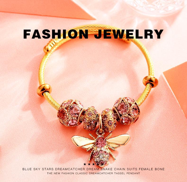 Titanstahl-Goldarmband, verstellbar, Biene, glänzender Diamant, Kugel, Geschenk für Freundinnen und Liebhaber