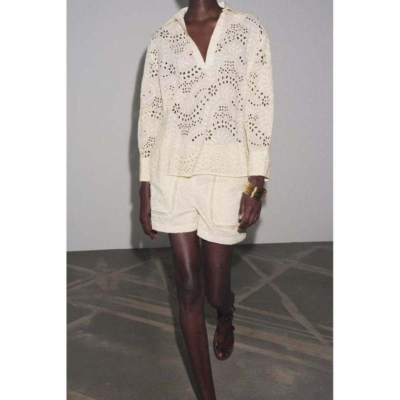 Za Autumn New Women Clothes 2025 Western Style Hollow Embroidery Shirts Casual Shorts 4786105 4786106