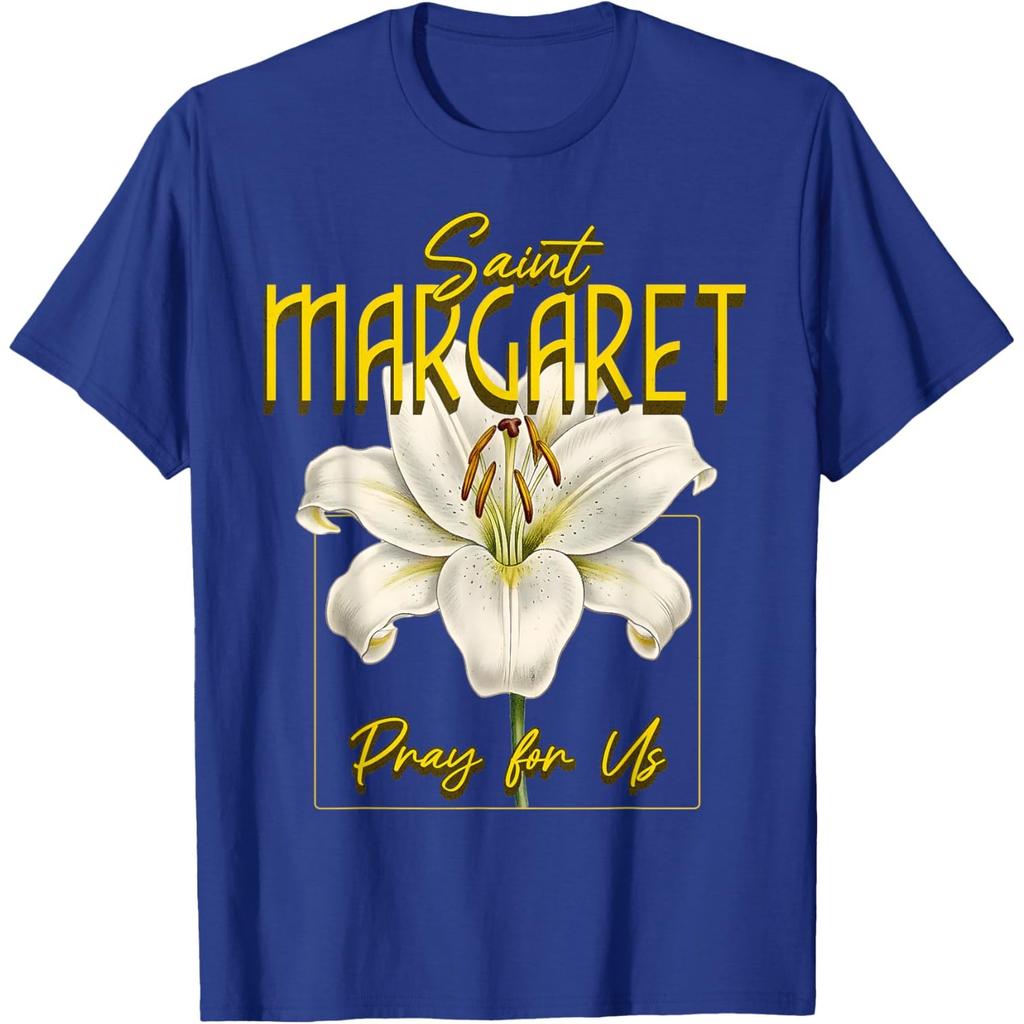 Saint Margaret Lily Catholic T-Shirt Men Casual Round Neck Print Cotton Graphic Tee