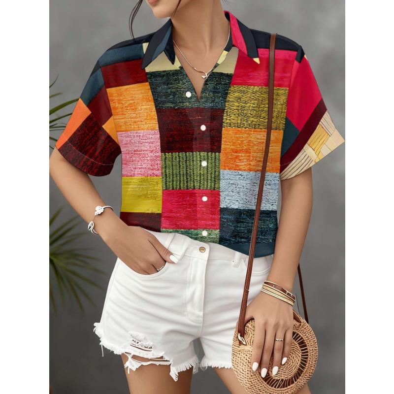 Lady's elegant, versatile, fashionable, casual, simple and unique design style printed lapel button-down short-sleeved shirt