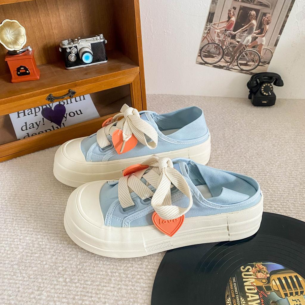 BE-6715 latex insole/love niche two wear canvas shoes women's summer thin lazy versatile half-drag board shoes
