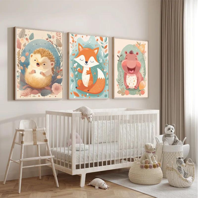 Cartoon Lion Giraffe Fox Nursery Wall Art Print Poster Baby Bedroom Cute Animal Canvas Painting Modern Room Aesthetic Decoration