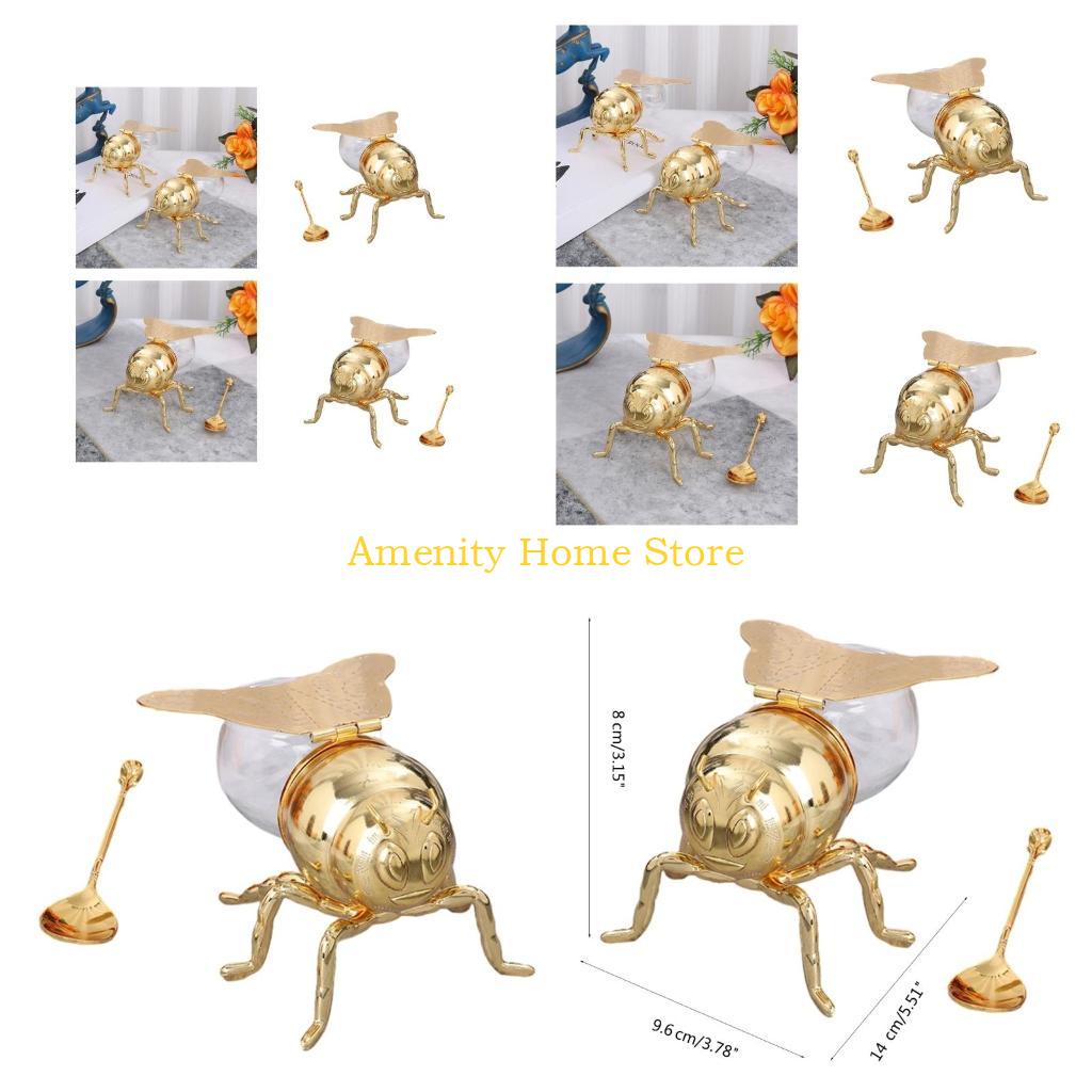 

F26C Honeys Bees Shape Spices Jar with Spoon Glass Honeys Jar Syrup Dispenser Condiment Container Sugar Holder Seasoning Box China Mainland