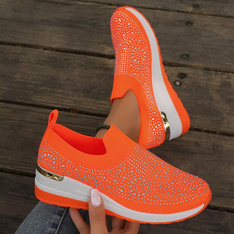 Fashion Hot Pink Shiny Crystal Knitted Sneakers for Women Fashion Wedge Comfortable Sports Shoes Woman Lightweight Slip On Running Shoes