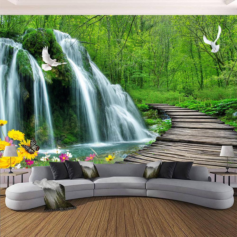 Waterfall Wallpaper Wooden Bridge Green Forest Wall Mural Living Room Decoration Bedroom 3d Waterfall Wallpaper