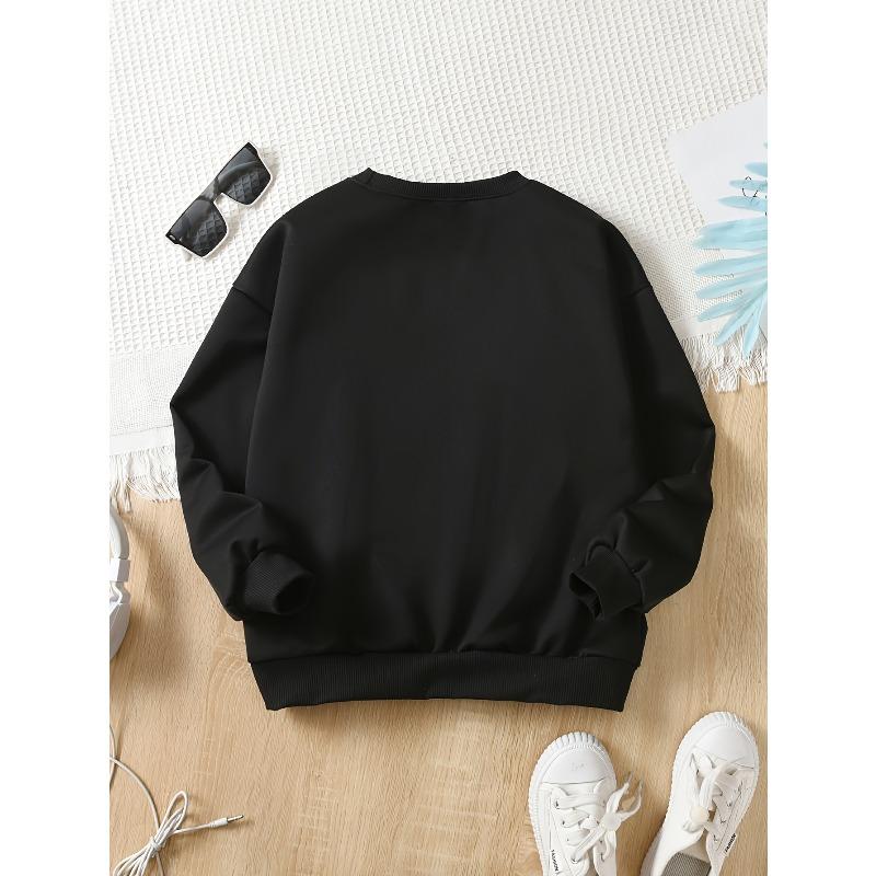 European Sizes Kids Halloween Ghost And Bat Print Long Sleeve Round Neck Sweatshirt, Casual Knit Top, Regular Length, All-Season Fashion Sweatshirt