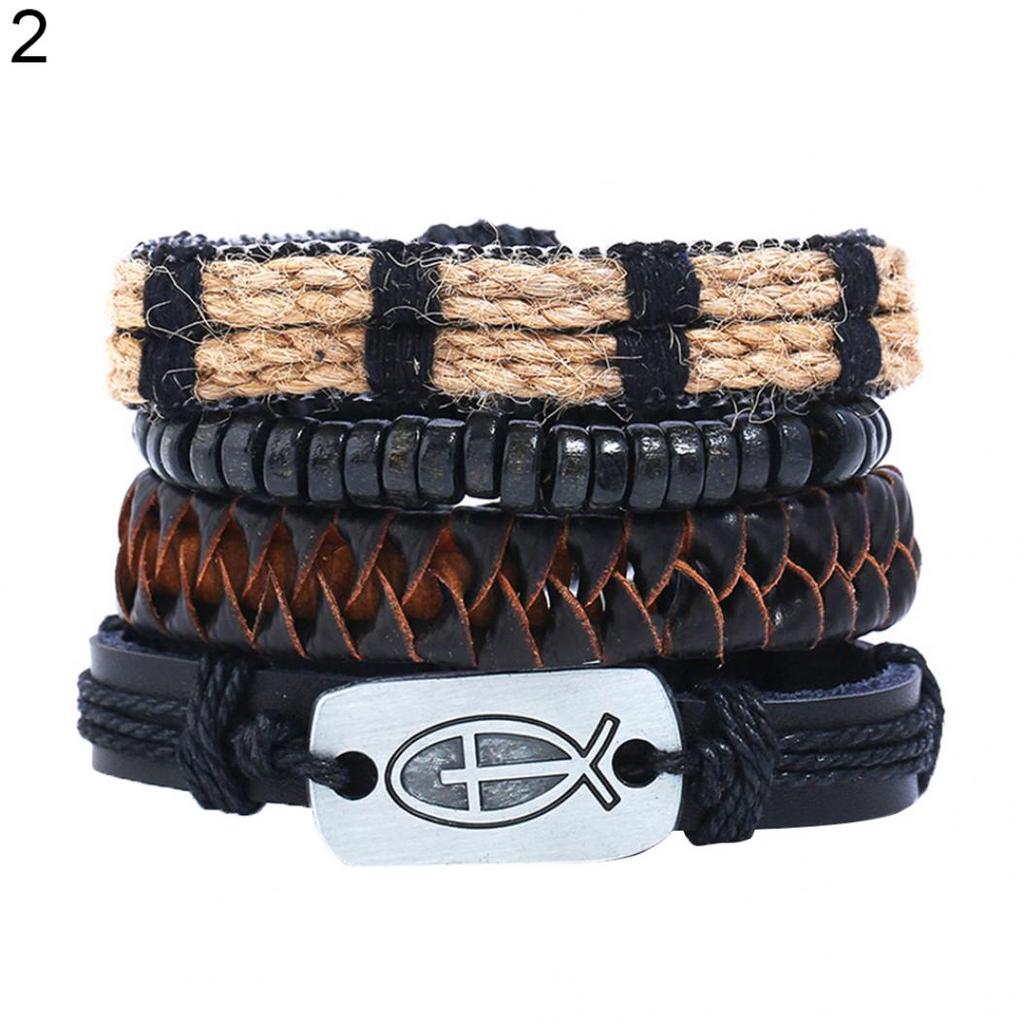 4Pcs/Set Multi-layer Men Bracelet Adjustable Rope Wristband Jewelry