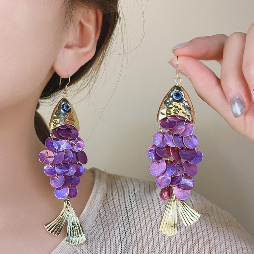 Scaly Imitation Shell Tassel Earrings Elegant Dangle Earrings Retro Fish-shaped Earrings  Party