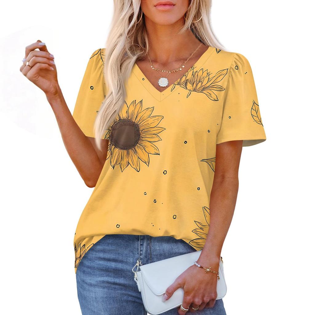 Women's Fashionable Casual Short Sleeve Print V-Neck Pullover Top