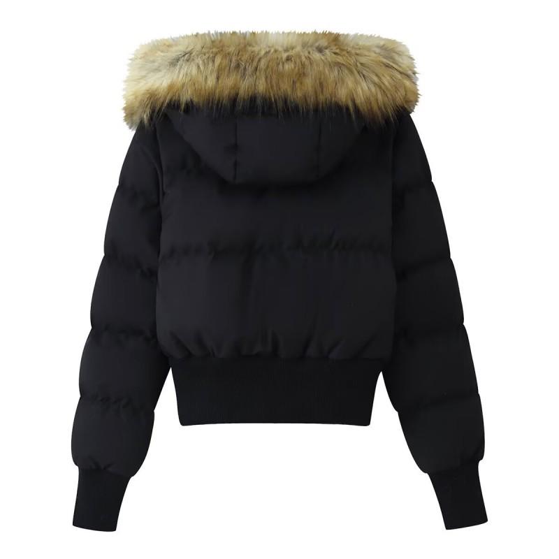 Womens Winter Hooded Cotton-Polyester Jacket With Faux Fur Trim Casual Coat Short Length