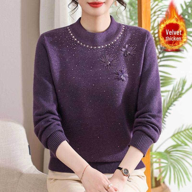Middle-aged Women's Plus Velvet Knit Sweater: Warm, Loose Fit Base Layer