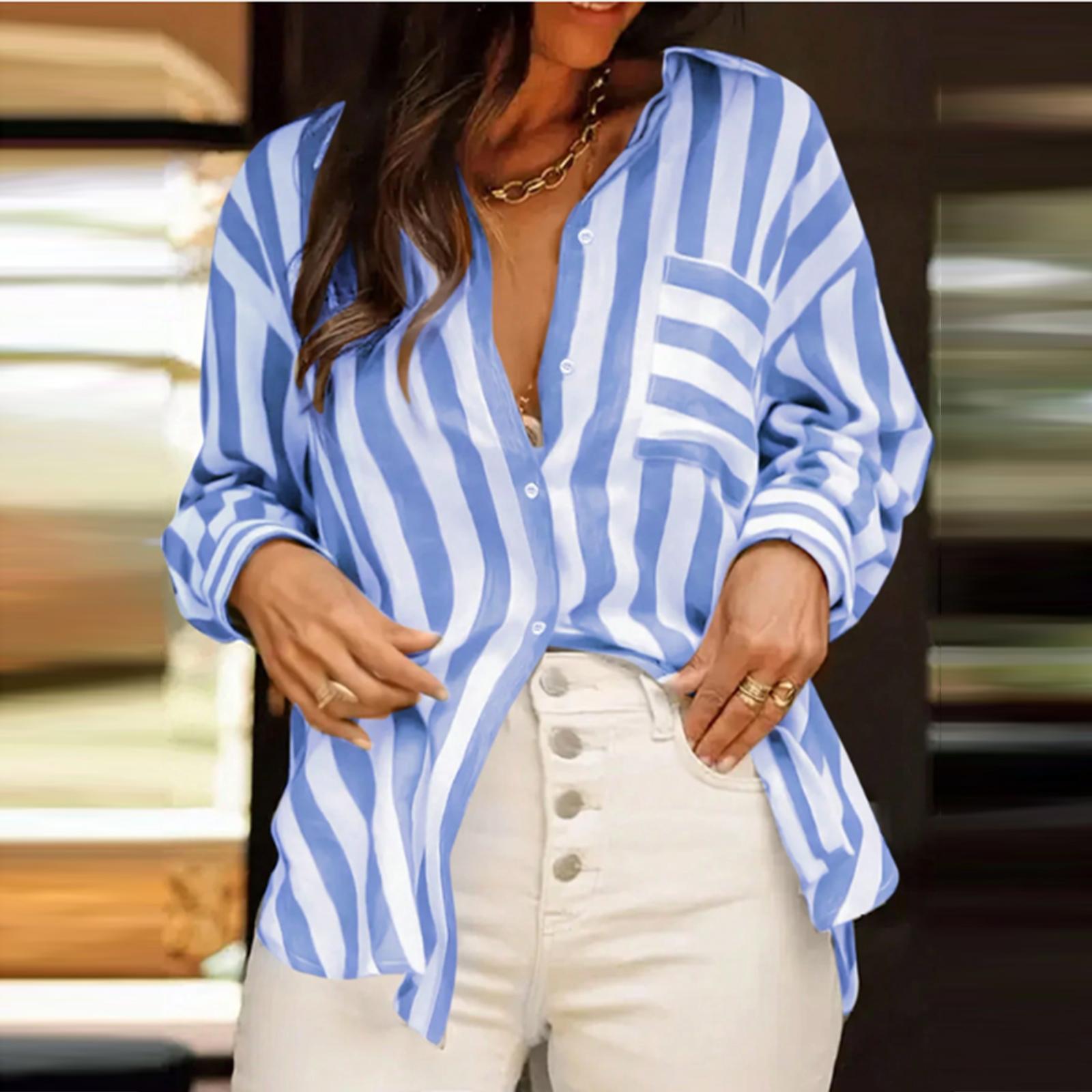 

Women s Casual Loose Striped Top Long Sleeve Shirt With Pockets S