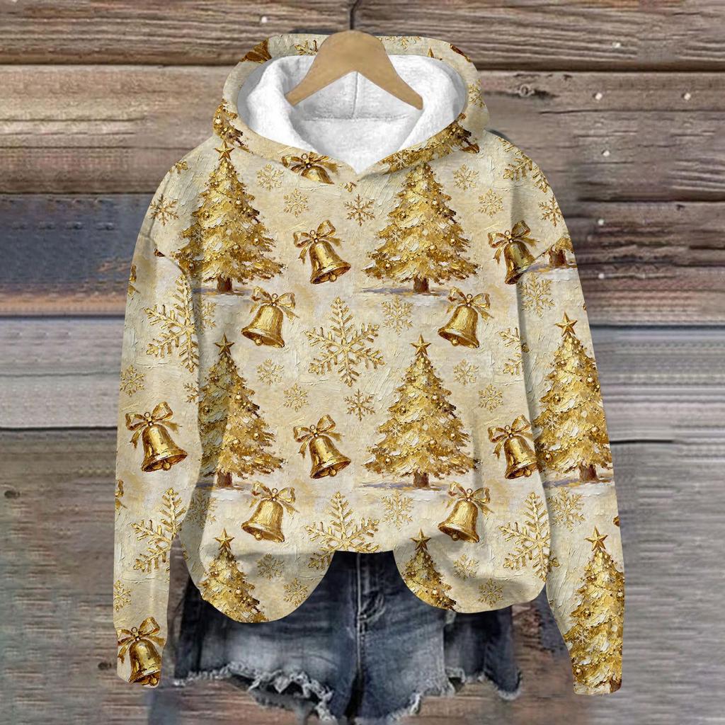 Women's Fashion Long Sleeve Christmas Print Loose Hooded Sweatshirt Top