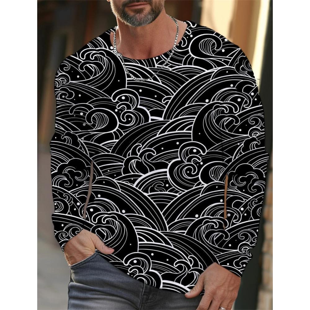 Spring and Autumn Round Neck 3D Ukiyoe  Printed Top Fashionable Casual Long Sleeved Men's T-shirts