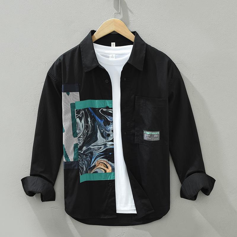

Корейская мода мужская рубашка с длинным рукавом в уличном стиле с абстрактным графическим принтом рубашки весна и лето молодежная повседневная мужская одежда XXXL чёрный