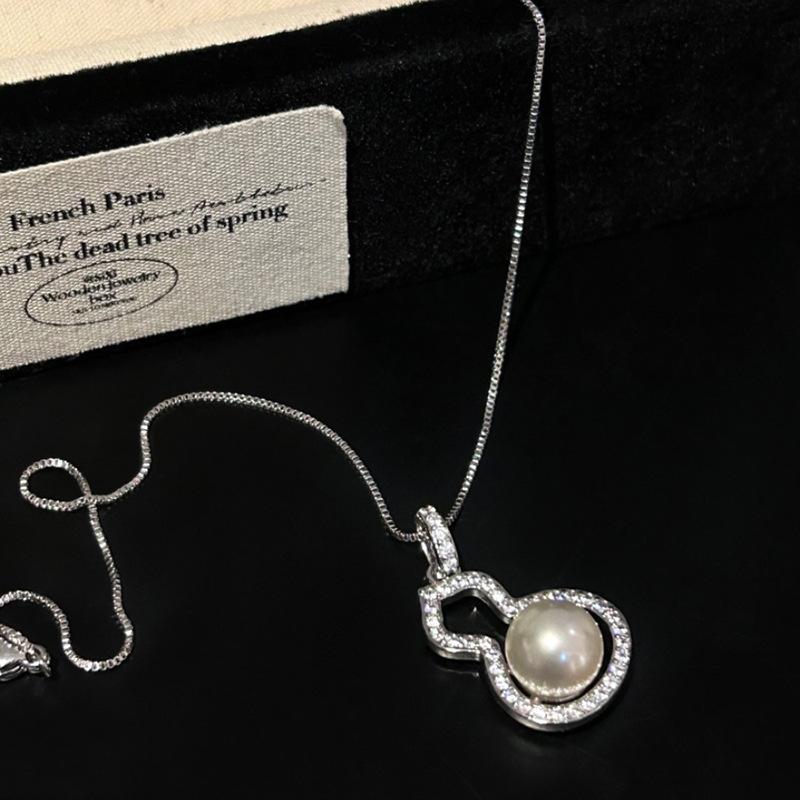 Silver needle zircon pearl gourd earrings necklace set stud earrings personalized design jewelry women