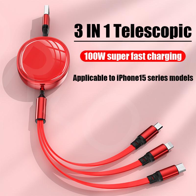 VAORLO 3 IN 1 100W Charging Cable For Micro/Type-C/Lightning Fast Charge Cable Support Data Transmission Super Charge Phone Line