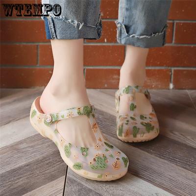 Women's Outer-wear Non-slip Printed Hole Shoes Sandals with Hollow and Breathable Headband Transparent Solid Color Sandals In Summer