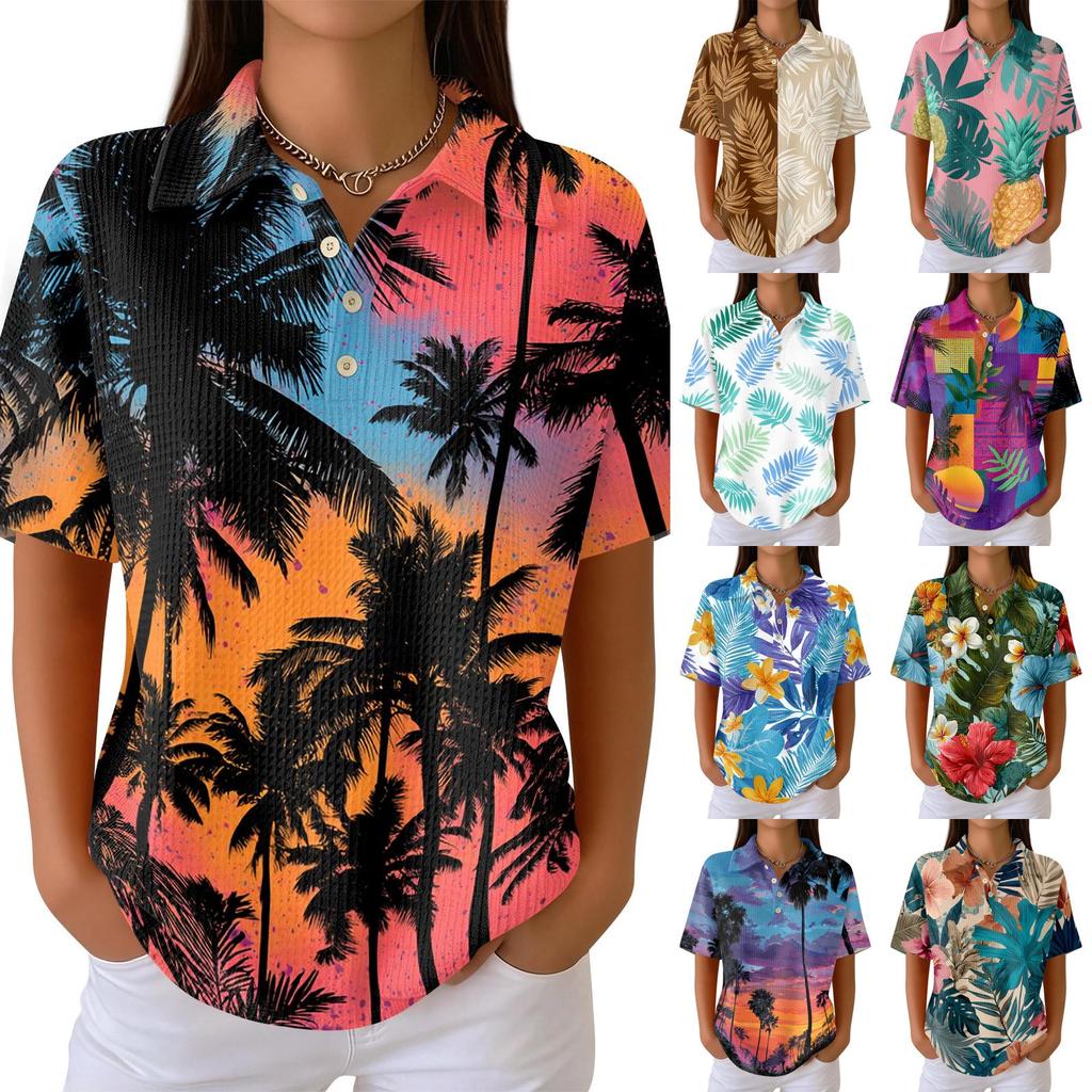 Women Casual Short Sleeve Hawaiian Print Waffle Knit Polo Shirt Lightweight Breathable Summer Top with Button Down Collar