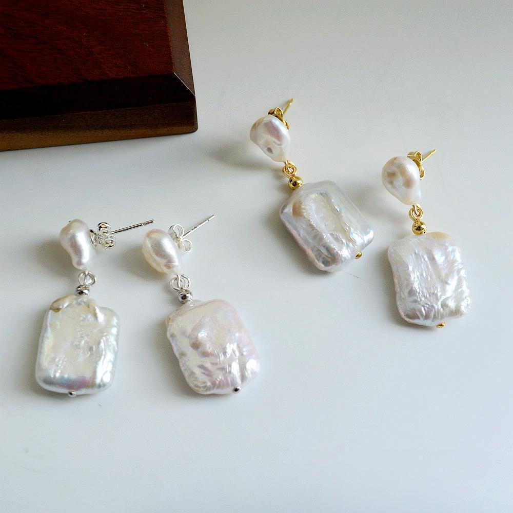 Pearl Earrings White Natural Freshwater Pearl Gold Silver Earrings Baroque Square Drop Earrings Bohemian Ladies Earrings